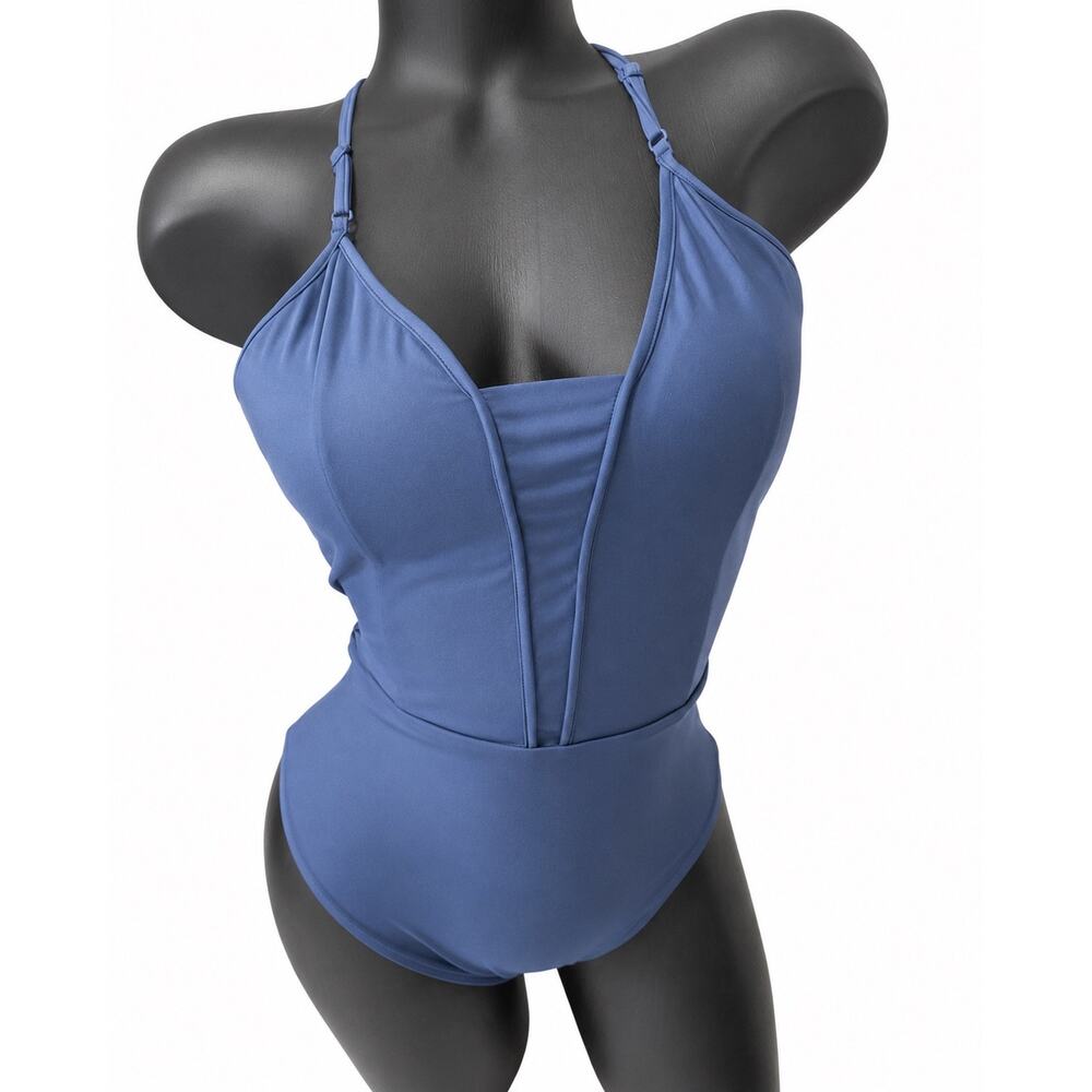 BuffBunny Collection One Piece Swimsuit Small Blue Deep‎ V Strappy Coastal Luxe